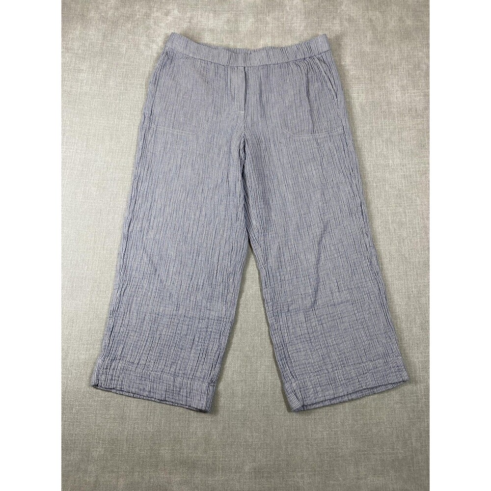 J Jill Pants Womens Medium Blue Striped Cropped 100% Cotton Seersucker Casual